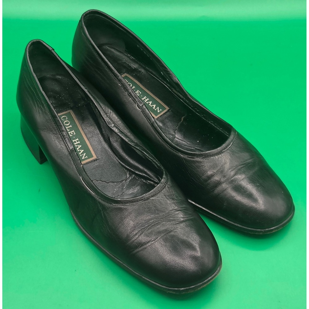 Vintage Cole Haan Womens Black Leather Block Pumps Made in Italy F7231 Size 8 B